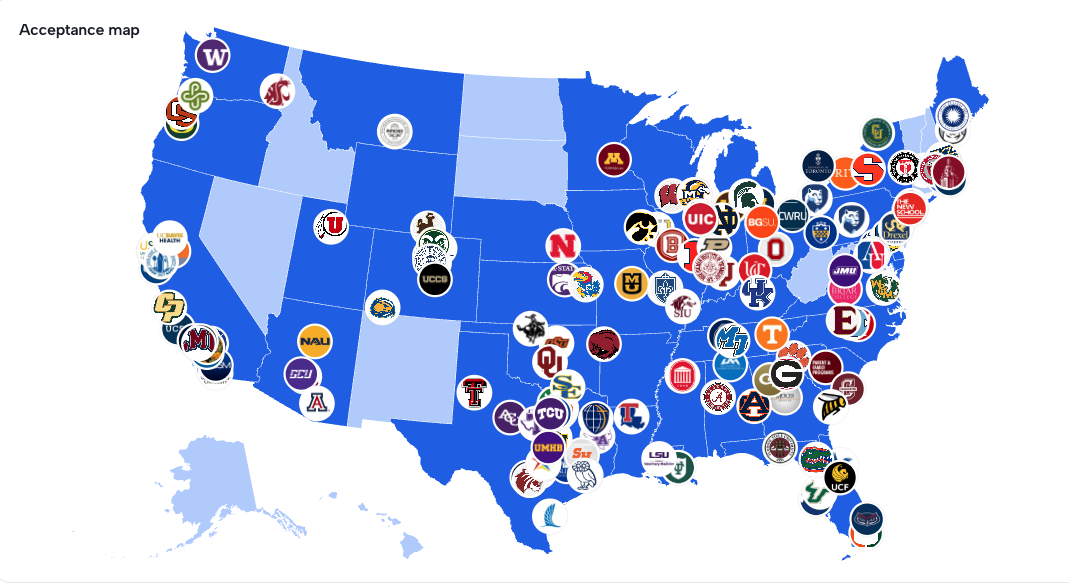 Map of universities where students have been accepted